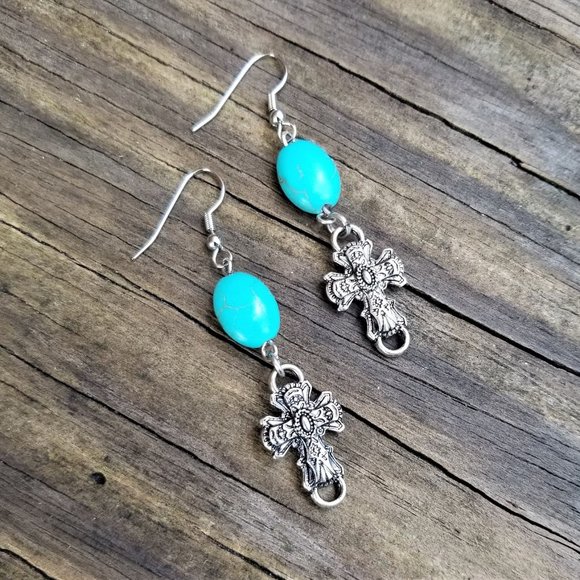 Artisan Hand Crafted Necklace Earrings Set Rosary Cross Turquoise Silver Beaded - Picture 6 of 7